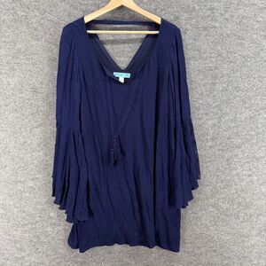 Dina Be Tunic Top Women M Medium Blue V-Neck Tasseled Long Sleeve Rayon Lined